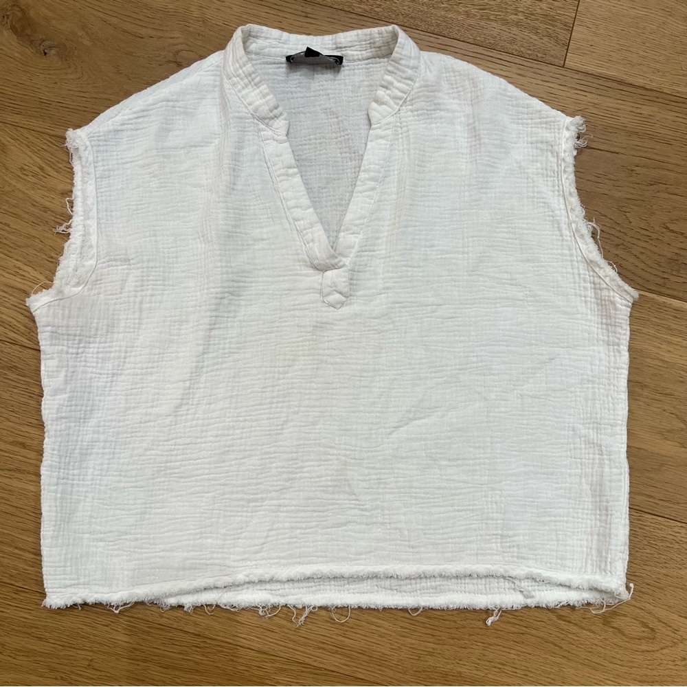 Jones New York White Gauze Boxy Tee with Mandarin Collar